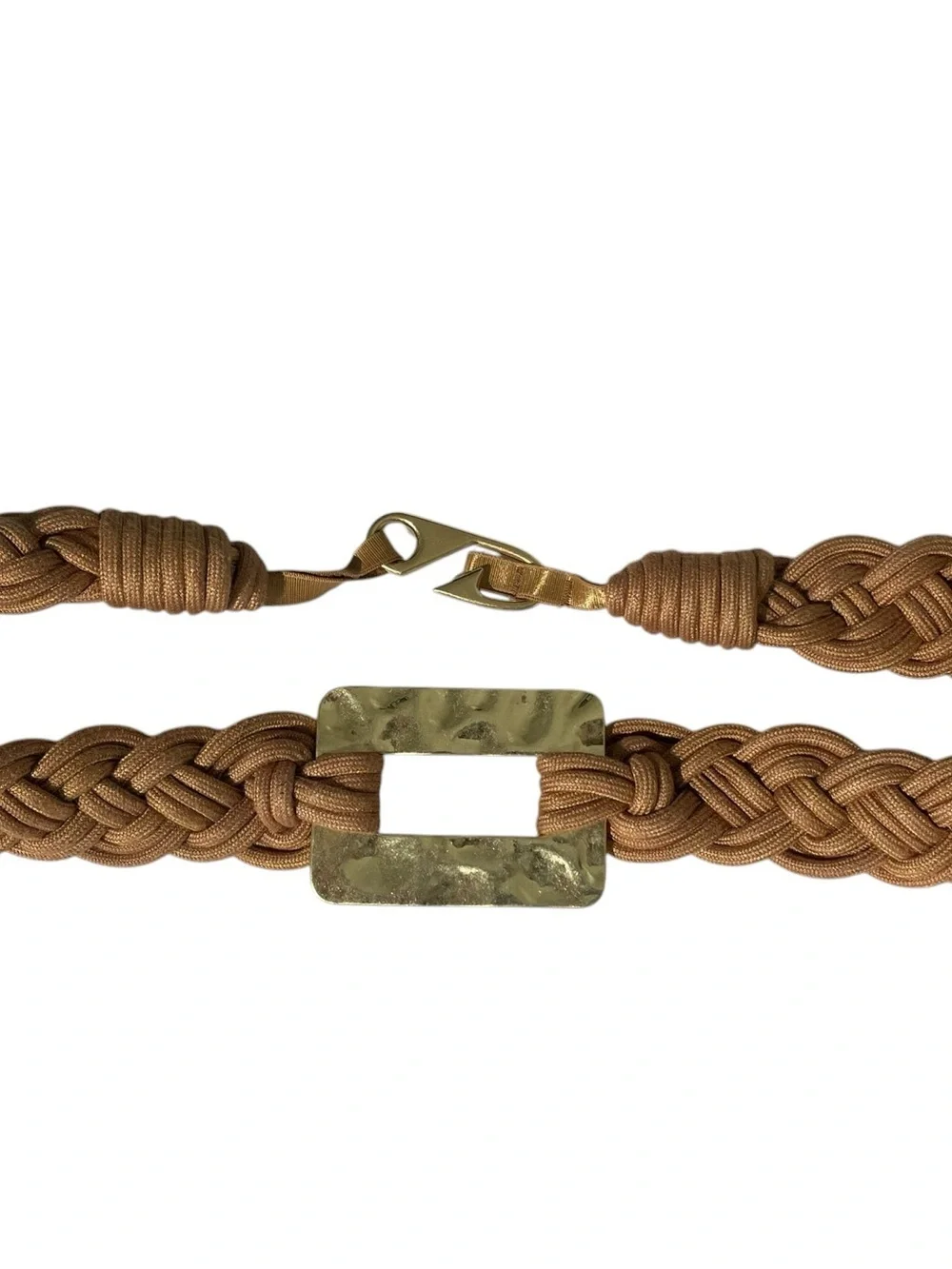 Vintage 80s Braided Cord Belt Artsy Boho Costal Large Hammered Metal Buckle Gold